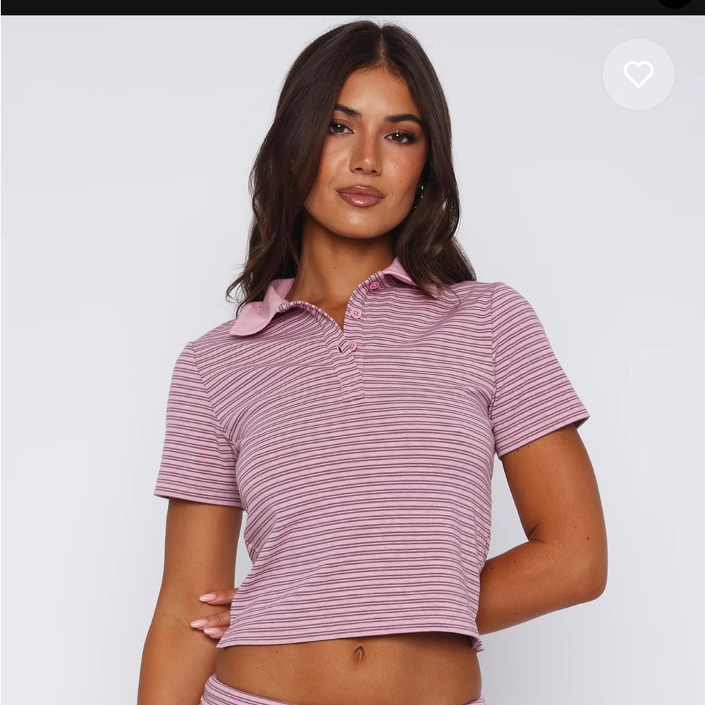 White Fox Boutique Pink Striped Polo Top